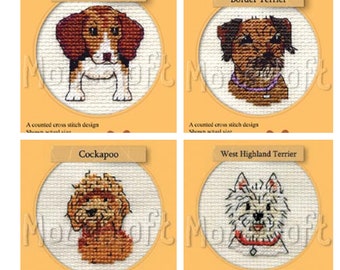 Mouseloft Paw Prints Range, Dog Cross Stitch kits  .Great for card making. cockapoo or west highland terrier, westie