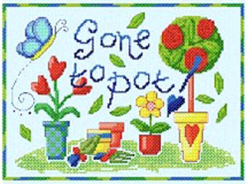 sampler style chart pattern by Cinnamon Cat # 509 Gone to Pot... - Cross Stitch Chart