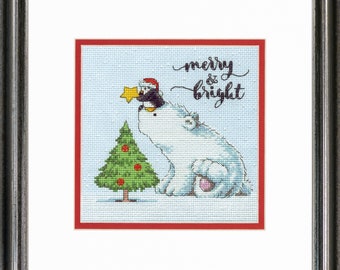 Merry and Bright Bear Counted cross stitch kit by Dimensions, polar bear and tree, christmas kit , holiday kit