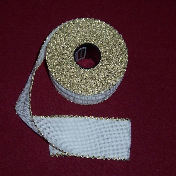 Aida Band 14 count , White with a Gold  Edge from Zweigart, 2" wide  1 metre, aida for cross stitch, 14 count cross stitch fabric, aida band