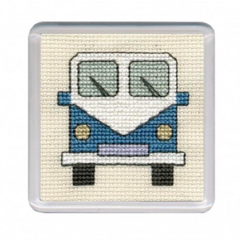 van coaster kit Blue Campervan Coaster Cross Stitch Kit from Textile Heritage