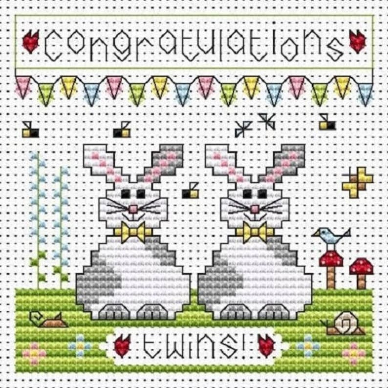 twin bunnies Baby cross stitch kit counted cross stitch cross stitch card kit Fat Cat Congratulations Twins Cross Stitch Card Kit