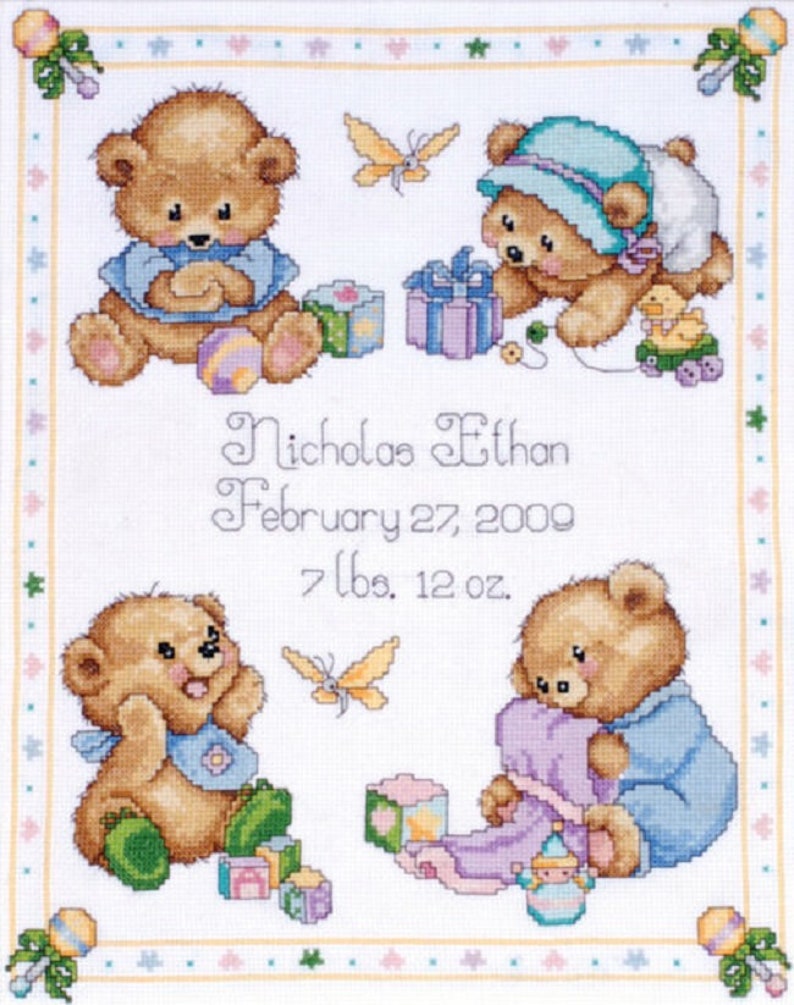 TOBIN BABY Baby Bear Sampler Counted Cross Stitch Kit baby cross stitch kit, teddy bears , birth record image 1