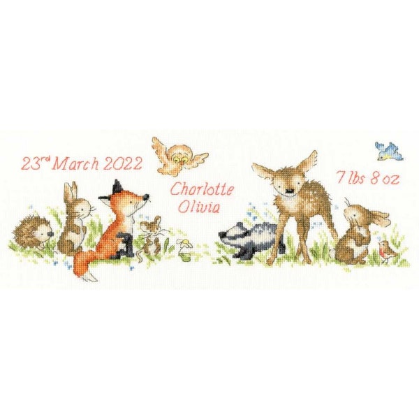 Bothy Threads Woodland Welcome Counted cross stitch Kit . Birth sampler, new baby kit, forest animals, birth record.