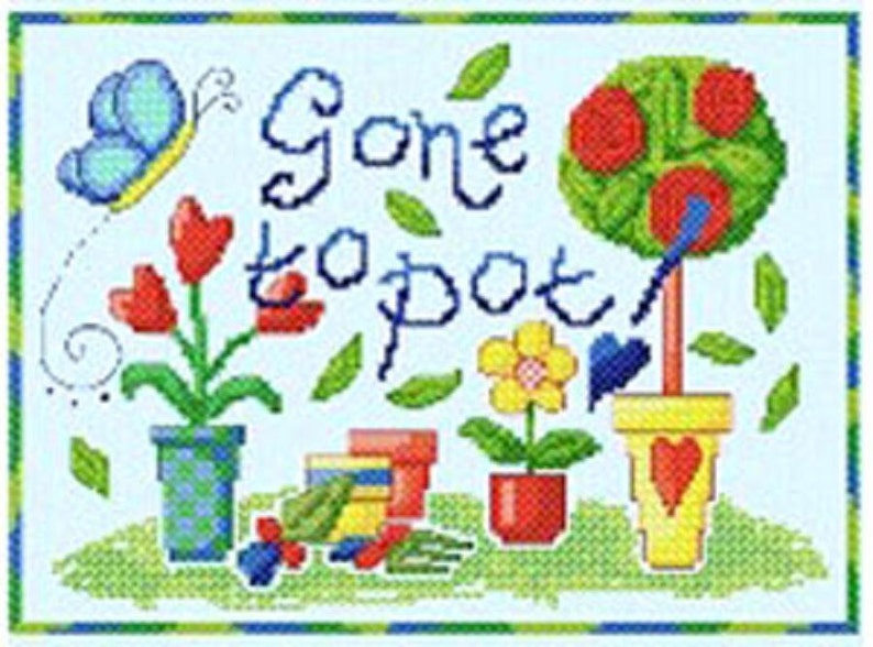 sampler style chart pattern by Cinnamon Cat # 509 Gone to Pot... - Cross Stitch Chart