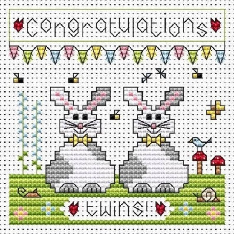 twin bunnies Baby cross stitch kit counted cross stitch cross stitch card kit Fat Cat Congratulations Twins Cross Stitch Card Kit