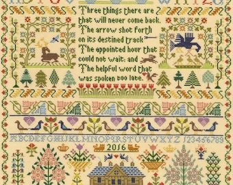 Bothy Threads THREE THINGS Sampler Counted cross stitch Kit by Moira Blackburn  , antique style sampler, alphabet