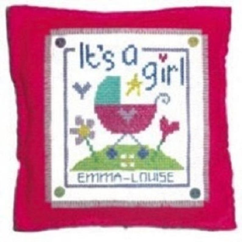 from The Stitching Shed ITS A GIRL CUSHION cross stitch cushion cushion kit Its a girl sampler kit Stitch a Gift Cross Stitch Kit