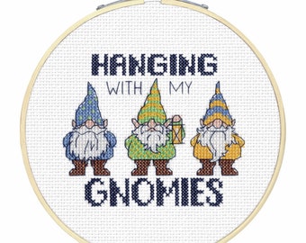 Gnomies Counted Cross Stitch Kit with Hoop by Dimensions, easy cross stitch, gnomes