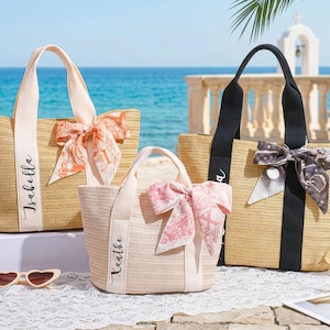 Custom Straw Beach Bag, Personalized Bridesmaid Name Tote, Travel Shoulder Bag, Wedding Favors Gift