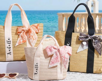 Borsa da spiaggia in paglia personalizzata, borsa tote personalizzata con il nome della damigella d'onore, borsa a tracolla da viaggio, regalo per bomboniere di nozze