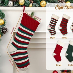 May include: A red, green, and white striped Christmas stocking, 36cm/14in long, with a white heel and toe. The stocking has a red cuff and a loop for hanging. Additional style options are displayed, including solid red and green stockings.