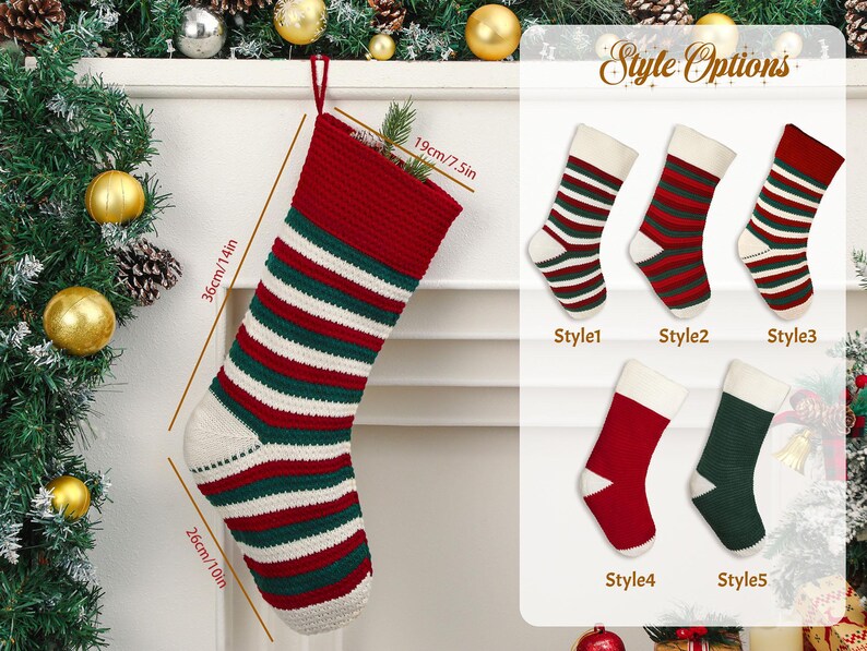 May include: A red, green, and white striped Christmas stocking, 36cm/14in long, with a white heel and toe. The stocking has a red cuff and a loop for hanging. Additional style options are displayed, including solid red and green stockings.