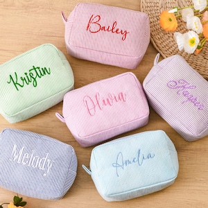 Personalized Embroidered Makeup Bag, Custom Cosmetic Bag, Bridesmaid Gift, Bridesmaid Seersucker Makeup Bag, Travel Makeup Bag, Toiletry Bag