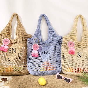 Personalized Beach Tote Bag, Raffia Beach Straw Bag, Custom Bridesmaid Beach Tote Bag, Girls Travel Tote Bag, Bachelorette Party Gift Bag