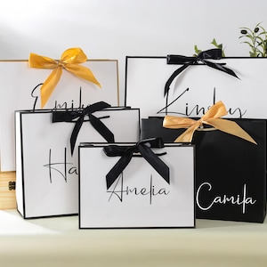 Personalized Bridesmaid Gift Bags, Custom Elegant Wedding Gift Bags, Bachelorette Party Bag, Ribbon Tie Rope Gift Bag, Bridal Party Gift Bag