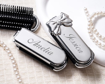 Espejo con peine plegable personalizado, espejo compacto grabado a medida, peine de bolsillo con espejo, espejo de maquillaje para damas de honor, regalos para damas de honor