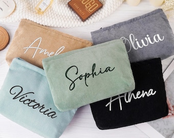 Borsa per il trucco in velluto a coste personalizzata, borsa per il trucco per damigella d'onore, borsa per cosmetici personalizzata, borsa per il trucco da toeletta, borsa per il trucco con monogramma, regalo per damigella d'onore