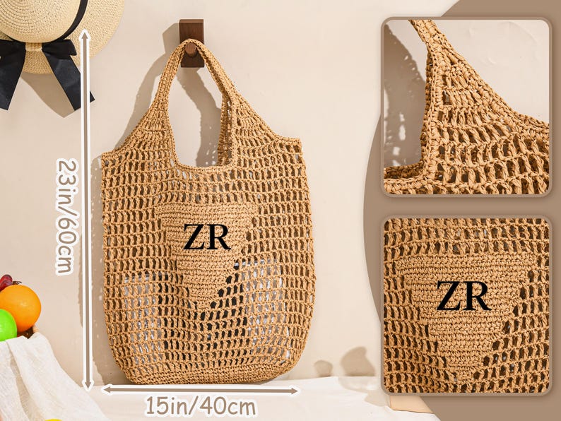 May include: A woven tote bag in a natural beige color, measuring 23 inches (60 cm) in height and 15 inches (40 cm) wide. The bag features a heart-shaped design and the letters "ZR". The bag is hanging on a wooden hook.