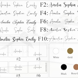 May include: A set of ten personalised name cards with the names Amelia, Sophia, and Emily written in cursive. The cards are numbered 1 through 10. Below the cards are six sample name cards with the name Amelia written in cursive. The cards are numbered 1 through 6. The cards are white with black ink. Below the cards are six colour swatches: white, gold, silver, black, rose gold. The swatches are labelled with their corresponding colours.