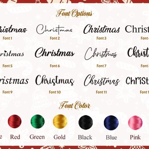 May include: Image showcasing "Christmas" text in various fonts and colors. Font options include 12 styles, with color choices like white, red, green, gold, black, blue, pink, and purple. A festive design for holiday-themed products.