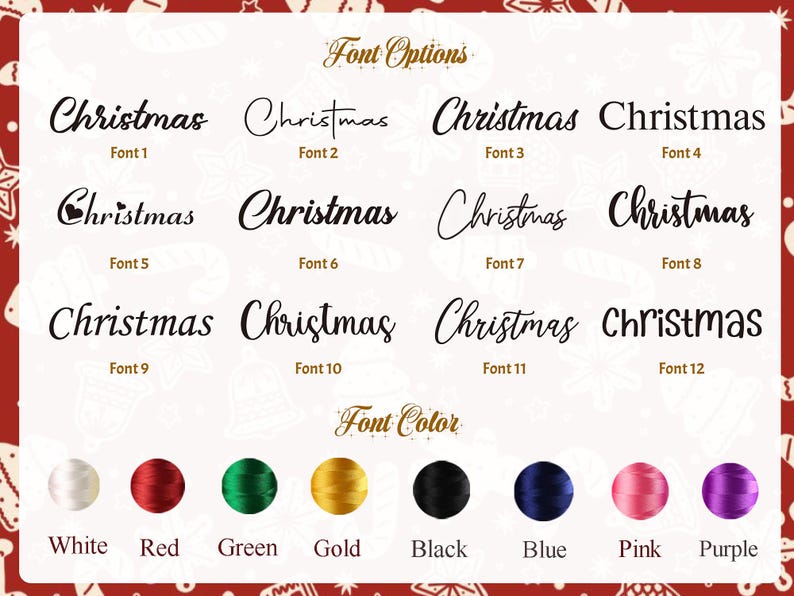 May include: Image showcasing "Christmas" text in various fonts and colors. Font options include 12 styles, with color choices like white, red, green, gold, black, blue, pink, and purple. A festive design for holiday-themed products.