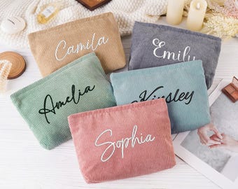 Borsa per il trucco in velluto a coste ricamata, borsa per cosmetici ricamata, borsa per il trucco da damigella d'onore, pochette da viaggio per il trucco, borsa da toilette da donna, regalo per damigella d'onore