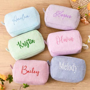 Personalized Embroidered Cosmetic Bag, Custom Makeup Bag, Bridesmaid Gift, Bridesmaid Seersucker Makeup Bag, Travel Makeup Bag, Toiletry Bag