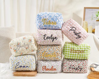 Personalized Embroidered Cosmetic Bag, Bridesmaid Gift, Custom Floral Makeup Bag, Travel Makeup Bag, Women Toiletry Bag, Monogram Makeup Bag