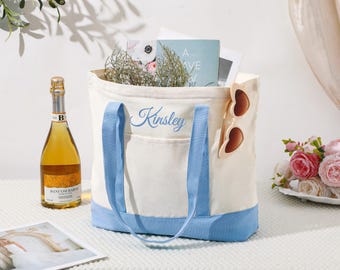Custom Embroidered Canvas Tote Bag, Bridesmaid Beach Tote Bags, Bachelorette Gifts, Gift for Her
