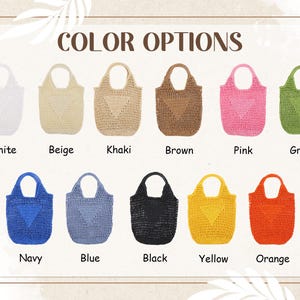 May include: An image displays a variety of woven tote bags in various colors, including white, beige, khaki, brown, pink, green, navy, blue, black, yellow, and orange. The text "COLOR OPTIONS" is at the top, with each bag labeled with its color.
