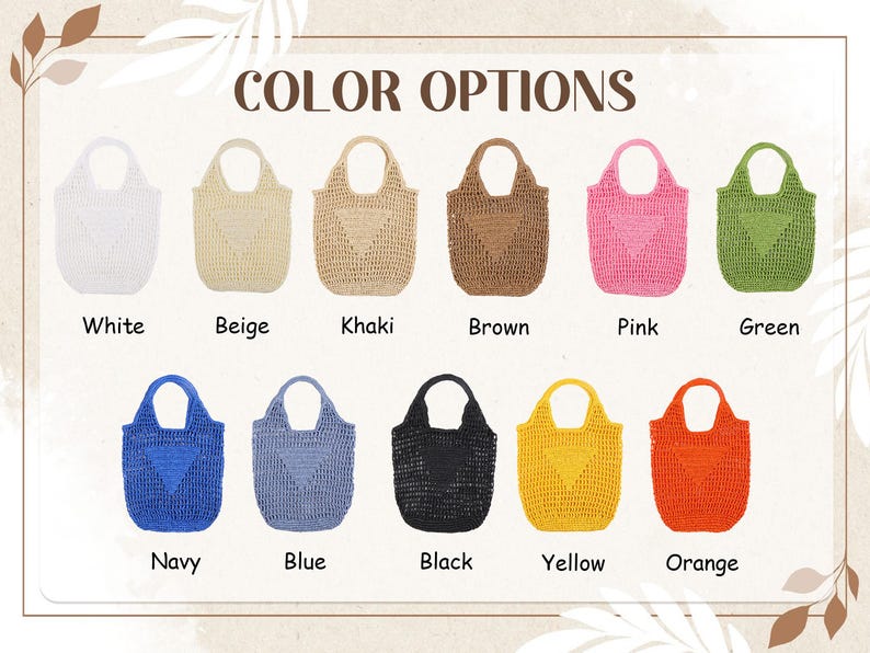 May include: An image displays a variety of woven tote bags in various colors, including white, beige, khaki, brown, pink, green, navy, blue, black, yellow, and orange. The text "COLOR OPTIONS" is at the top, with each bag labeled with its color.