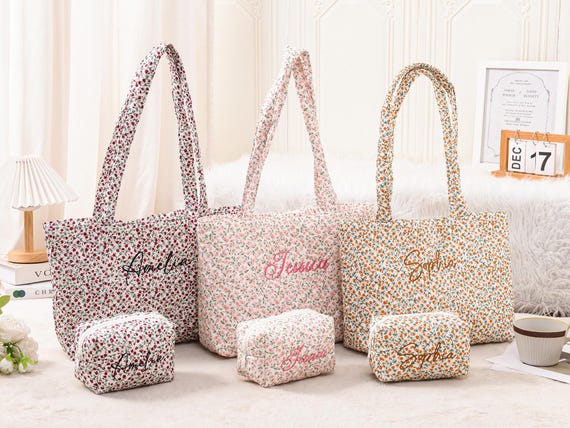 Personalized Floral Embroidered Tote Bag, Bridesmaid Gifts, Custom Name Tote Bags for Her
