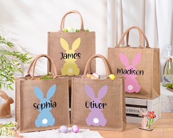 Personalized Easter Bag, Custom Easter Bunny Bag With Name, Kids Egg Hunt Bags, Easter Basket,Jute Easter Tote Bag,Easter Gift Bags for Kids