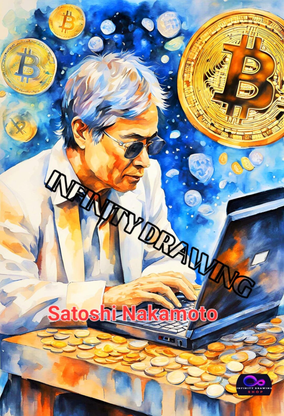 Drawing of Satoshi Nakamoto, creator of Bitcoin.digital painting,bridal art  pictures, collages, High quality JPG file, card making