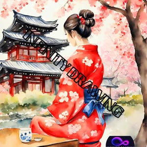 Pintura de uma linda garota e um romântico café Sakura. Pintura digital, fotos de arte nupcial, colagens, arquivo JPG de alta qualidade, criação de cartões