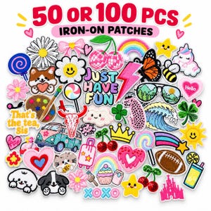 Puede incluir: Una colección de parches termoadhesivos coloridos con varios diseños que incluyen un arcoíris, margarita, unicornio, cerezas, rayo, gafas de sol, corazones, una furgoneta y el texto 50 OR 100 PCS IRON-ON PATCHES y JUST HAVE FUN.