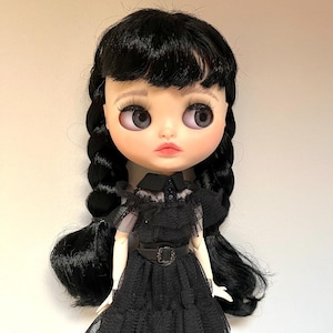 Blythe Doll with Long Black Hair in Wednesday Addams Style Dress | Handmade Custom Doll