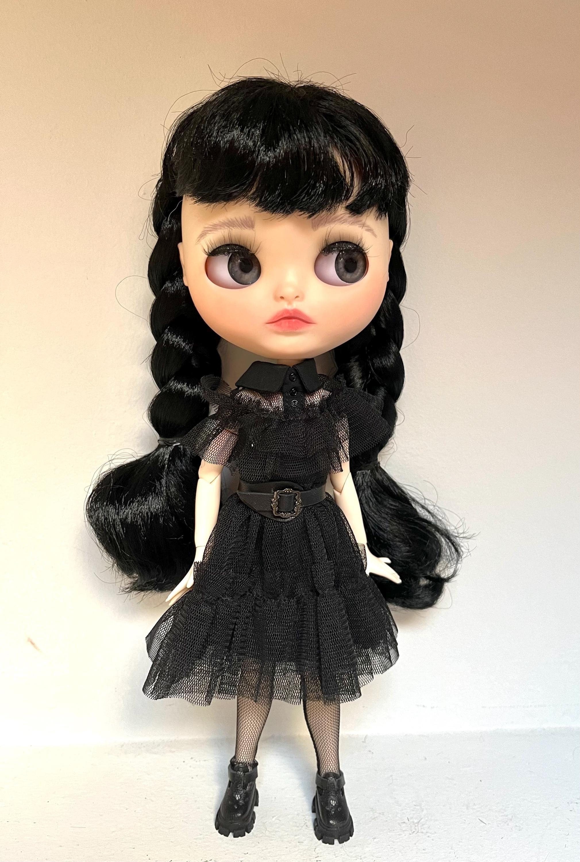 Blythe Doll with Long Black Hair in Wednesday Addams Style Dress