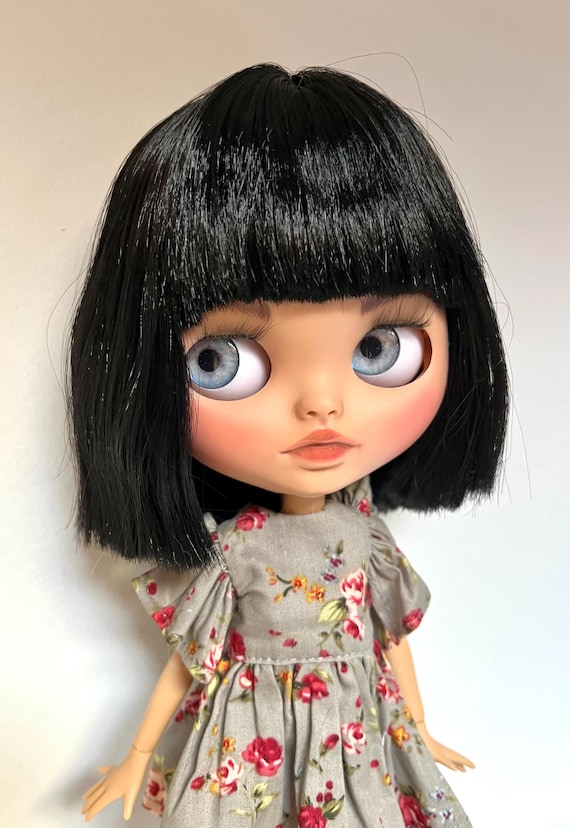 Custom Blythe Doll With Black Hair, Glasses, and Gray Floral Dress