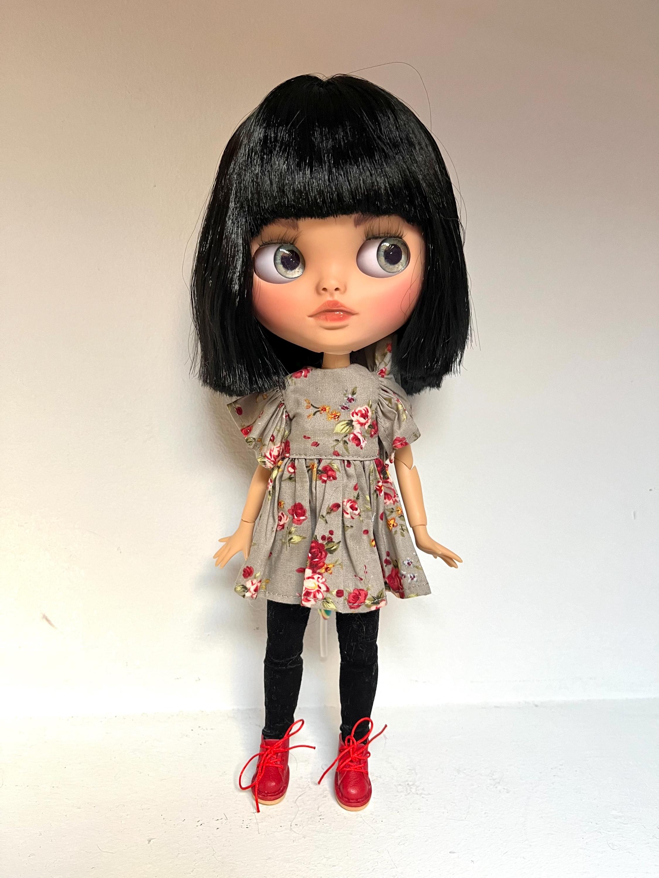 Custom Blythe Doll With Black Hair, Glasses, and Gray Floral Dress