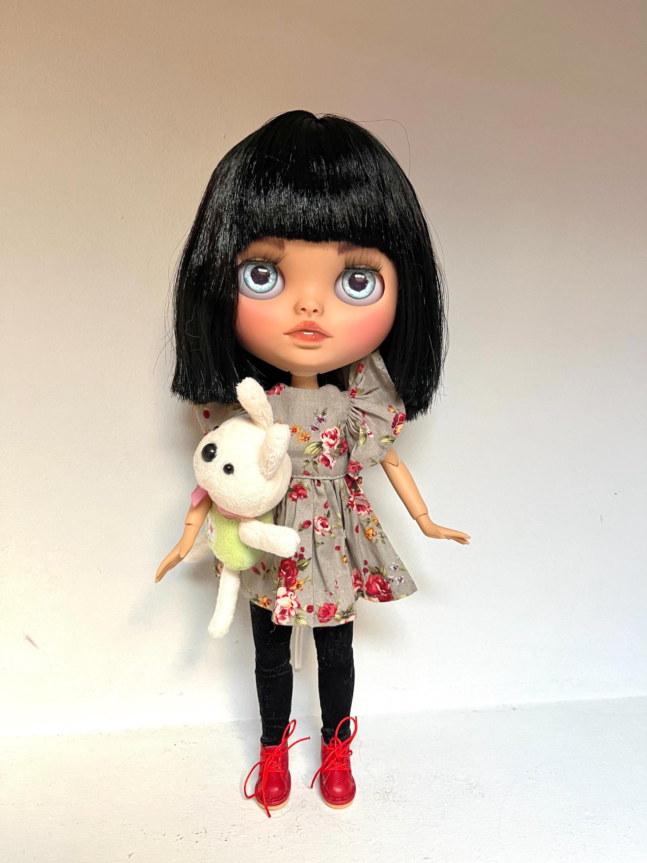 Custom Blythe Doll With Black Hair, Glasses, and Gray Floral Dress