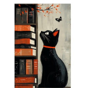 Whimsical Cat and Book Poster for Cozy Reading Nooks - Bookish Poster, Cute Cat Print, Dorm Wall Decor, Cat lover gift, Book lover gift