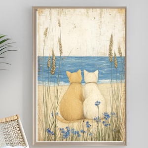 Coastal Cat Art Print – Romantic Beach Cats Watercolor, Ocean Wall Art, Serene Seaside Poster, Coastal Home Decor, Ocean Vibe Poster