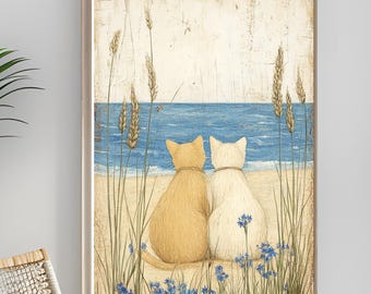 Coastal Cat Watercolor Art Print: Beach Cats Seaside Poster