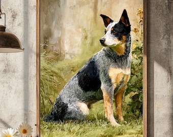 Blue Heeler Dog Portrait Print: Rustic Impasto Cattle Dog Art, Canine Companions Collection