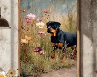 May include: A framed artwork depicts a Rottweiler dog standing in a field of tall grass and colorful wildflowers. The dog has black and tan fur. The artwork is in a wooden frame and hangs on a textured wall.