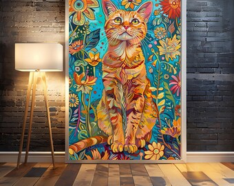 Van Gogh Cat Art Print: 1970s Psychedelic Feline Floral Boho Wall Decor