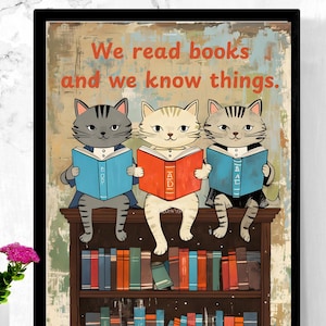 Póster de gatos caprichosos leyendo: arte popular para la habitación de los niños