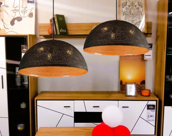 Set of 2 Black Dome Pendant Lights: Brass Kitchen Island Lighting